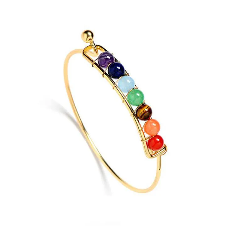 Neue Mode Naturstein Offene Armbänder 7 Reiki Chakra Healing Balance Perlen Armband Gold Versilbert Armreif Frauen Yogo Edlen Schmuck