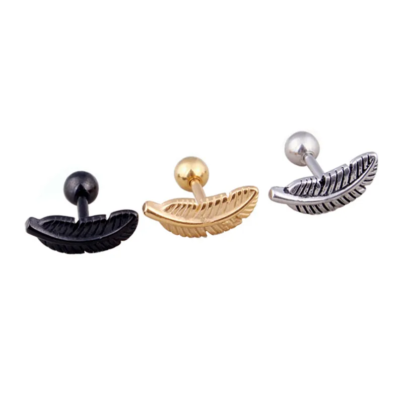 Vintage svart silver guld fjäder form stud örhänge för män unisex öron studs titan stål örhängen punk kropp piercing smycken