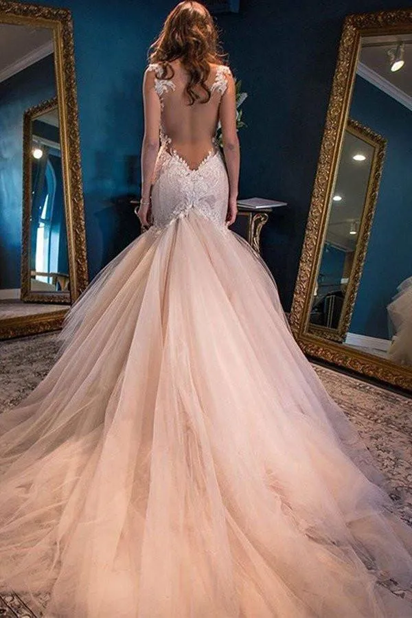 Abiti da sposa a sirena con scollo a cuore sexy trasparenti con applicazioni di pizzo sul retro Abiti da sposa in tulle champagne Abito da sposa a prezzi accessibili