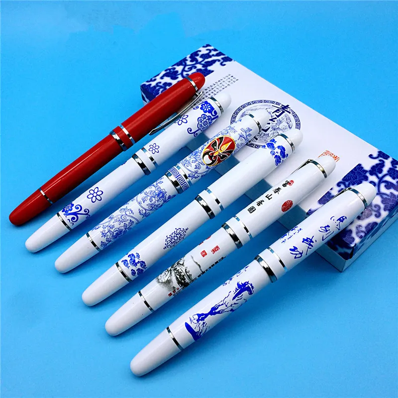 Blauw en wit porselein klassieke Chinese vulpen vintage hoge kwaliteit zakelijke cadeau kalligrafie inkt pen met geschenkdoos