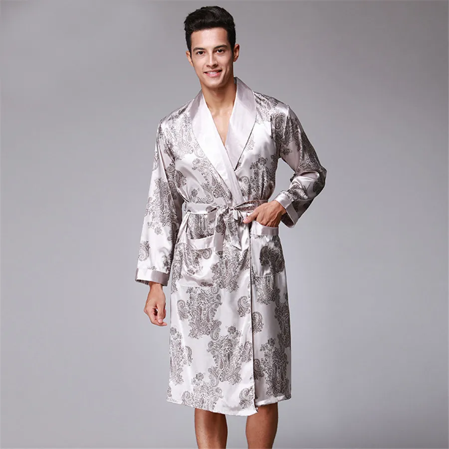 Män Robe 2018 Våren Ny Kimono Badrock Gown Faux Silk Robes Långärmad Hem Kläder Man Snewear Bad Geisha L XL XXL