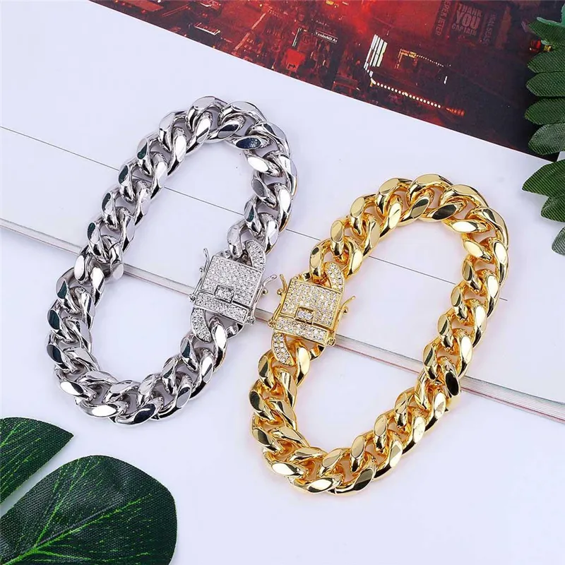 High quality shiny Micro inlay zircon titanium steel bracelet, 7-inch Hiphop men`s Hiphop silver gold bracelet