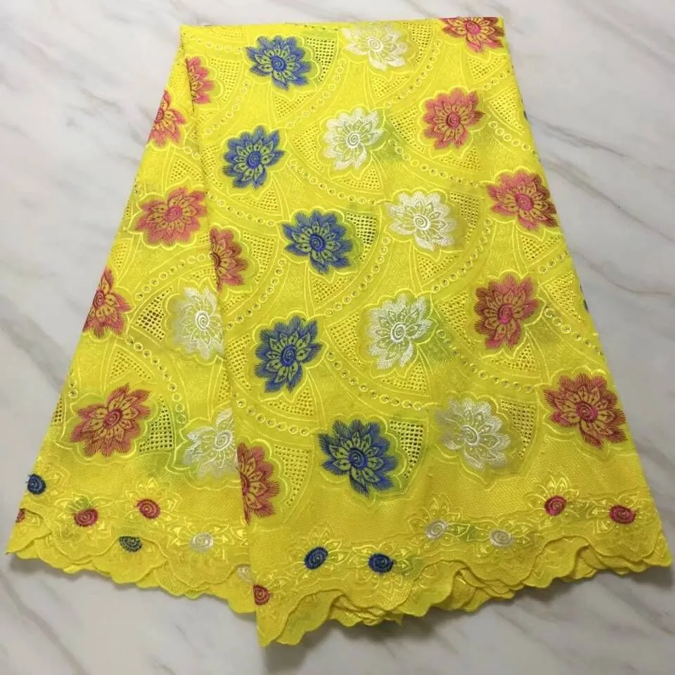 5 Metros Bonito tecido de algodão africano amarelo e agradável bordado suíço voile tecido de renda para o vestido BC34-8