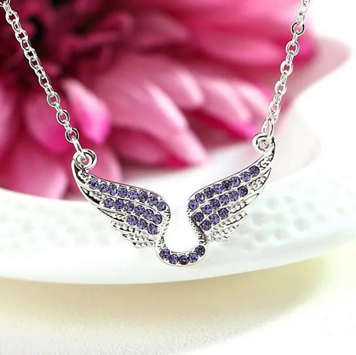 Elegant girl crystal necklace shiny plating angel wing necklaces for women nice gift Valentine's Day free ship