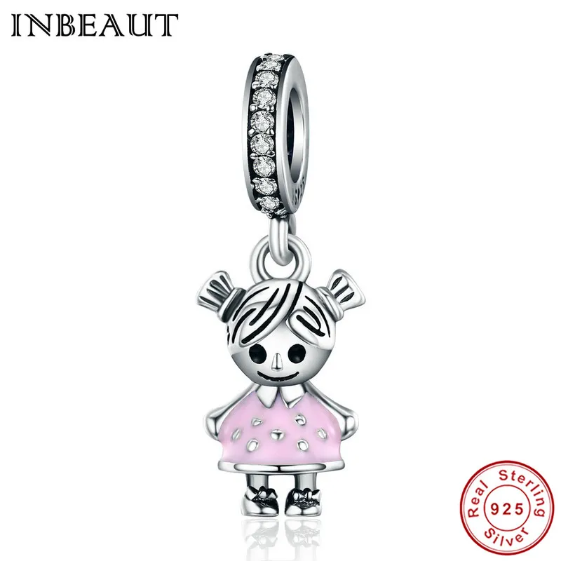 Inbeaut 925 Sterling Silver Rosa Kjol Söt Little Girl Pendant Pärlor Kvinnor Härlig Dressing Lassock Charm Fit Pandora Armband