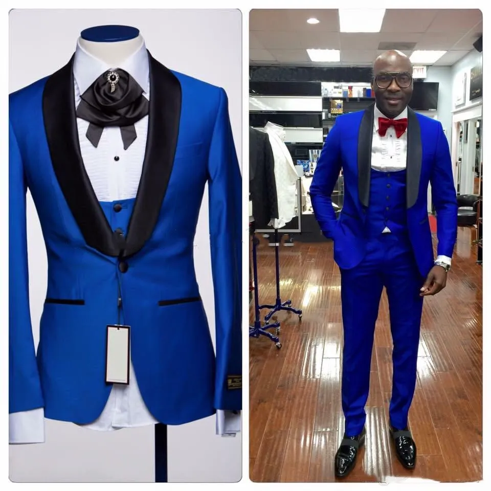 ブルー新婦のショール襟ワンボタンの結婚式の新郎タキシードの男性スーツの結婚式/プロミウム/ディナーマンブレザー（ジャケット+ネクタイ+ズボン）