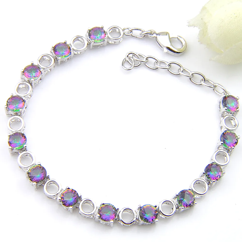 Luckyshine Round Rainbow Mystic Topaz Gems Armband Silver för Kvinnors Färgglada Zircon Hollow Out Wedding Party Link Armband Smycken