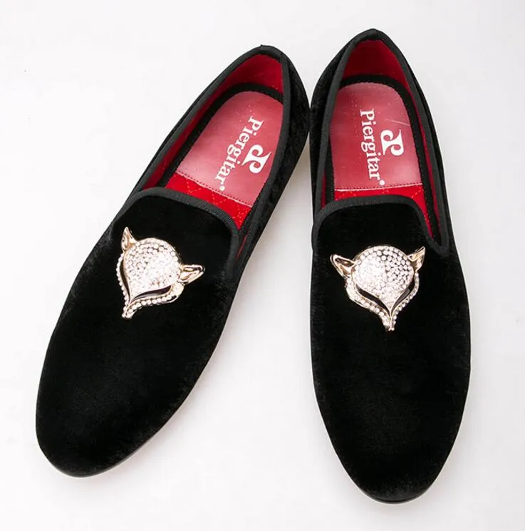 Mens sammet skor med räv rhinestone spänne bröllop loafers rökning slipper män lägenheter plus storlek US6.5-US12 AXX708