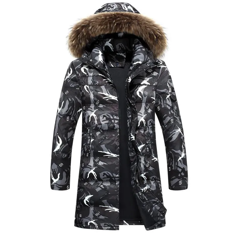 ABOORUN Winter Mens Camou Longline Parkas Faux Fur Thick Hooded Jackets Male Fashion Warm Coat x1131