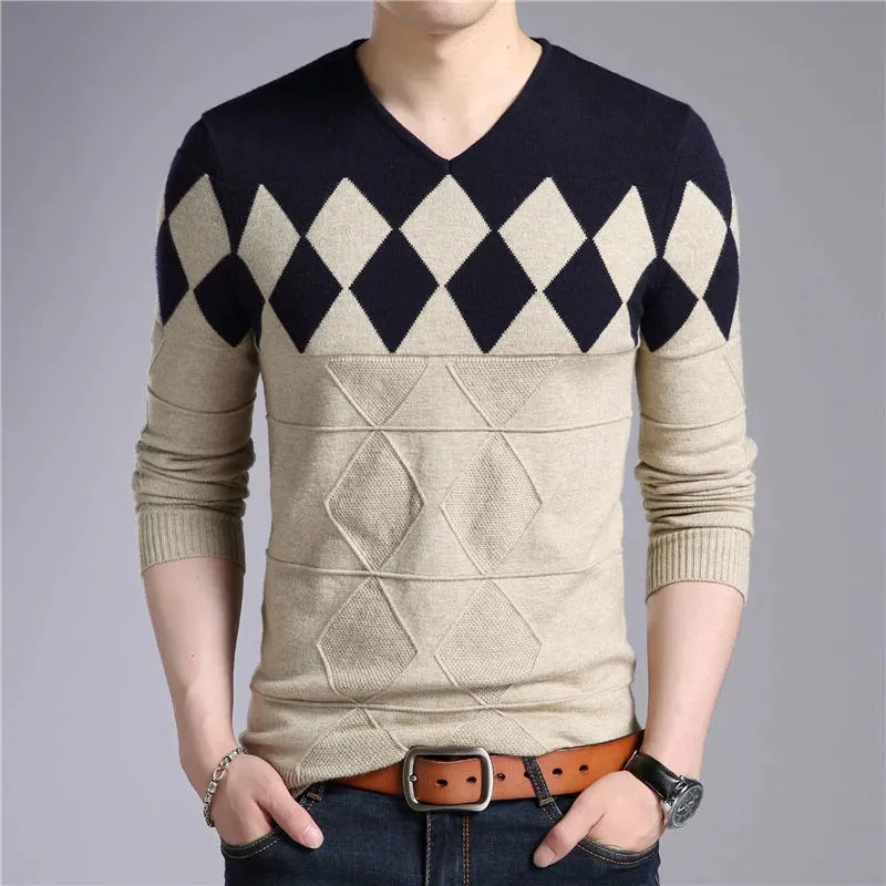 2018 Brand Men Cashmere Wool Sweater Men Autumn Winter Slim Fit Pullovers Argyle Pattern V-Neck Pull Homme Christmas Sweater