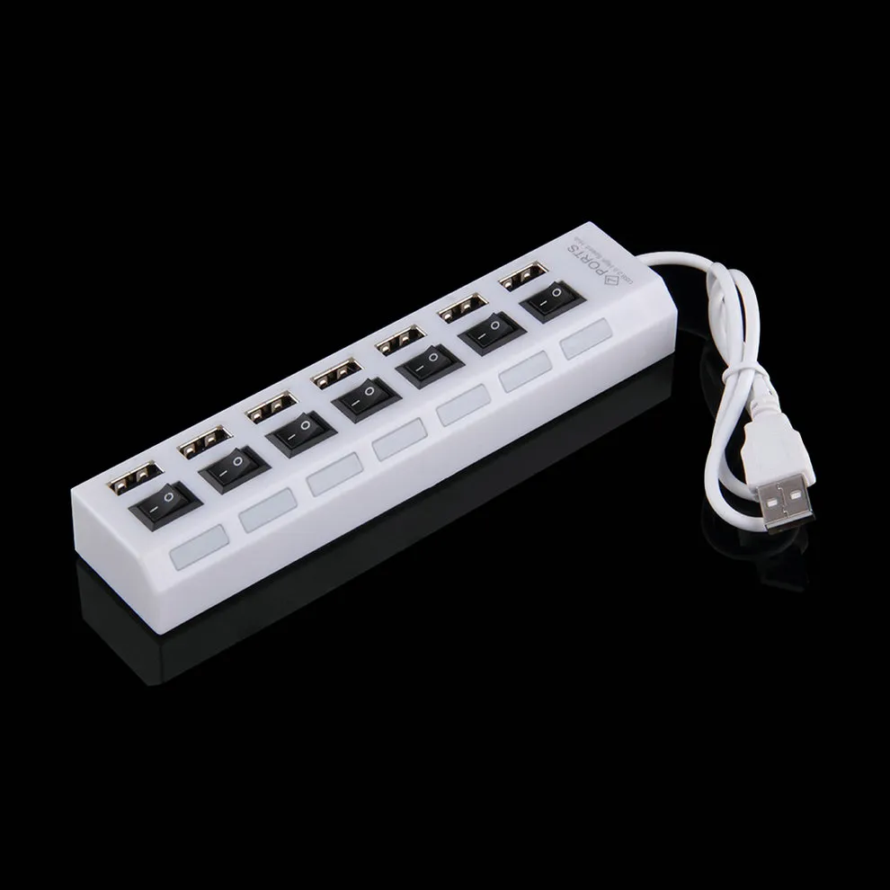 Envío gratuito Blanco 7 puertos USB 2.0 Adaptador de alta velocidad Hub Interruptor de encendido / apagado Luz LED roja para computadora portátil PC notebook C1