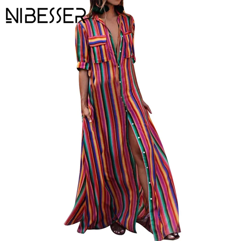 Nibesser Kvinnor Sommarstrand Maxi Klänning 2018 Sexig Hög Split Sundress Mode Färgglada Striped Print Boho Long Party Dress Robe