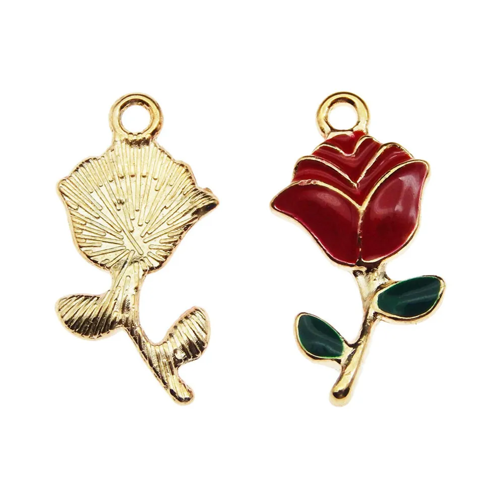 Wholesale Gold Color Enamel Red Alloy Grace Rose Look Charms Handmade Pendant DIY Fashion Necklace Jewelry Findings