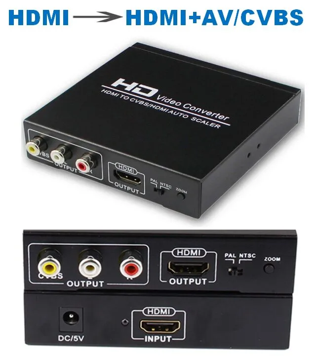 Wholesales & Freeshipping Two distributor HDMI to RCA /AV/CVBS and HDMI converter with AV HDMI output Splitter