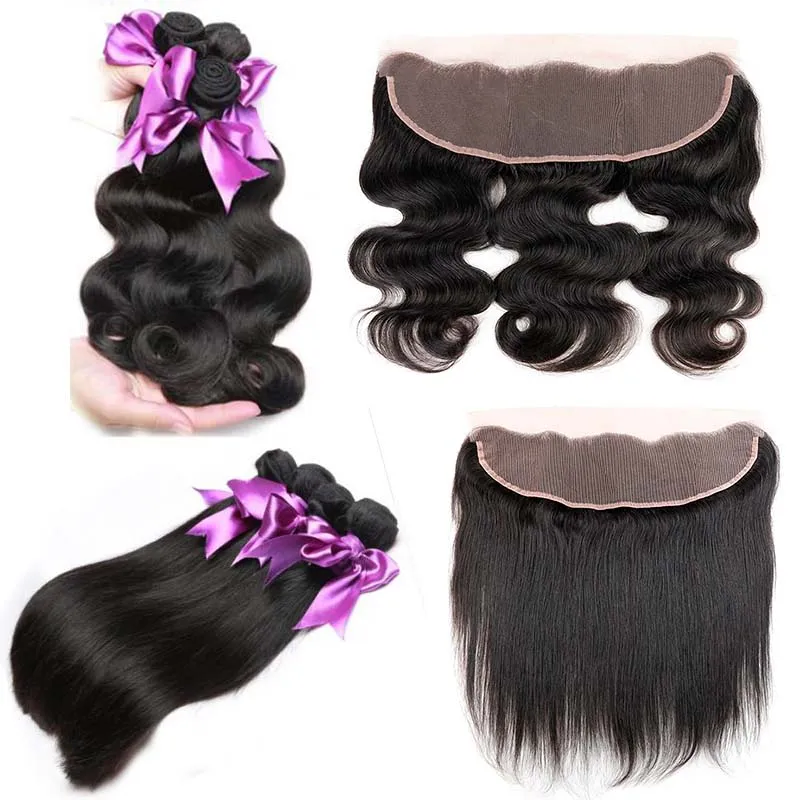 Brazilian Straight Human Hair 3 Bundles With Lace Frontal Closure Cheap Ear To Ear Lace Frontal With Body Wave Virgin Hair Weave Deals