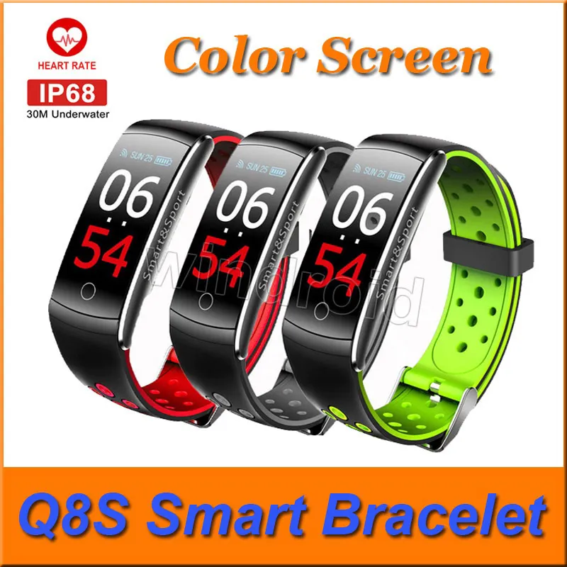 Q8S IPS Kleurscherm Smart Bracelet Bloeddruk Fitness Tracker Smart Polsband Hartslag Monitor Waterdichte Horloge + Detailhandel DHL 20PC