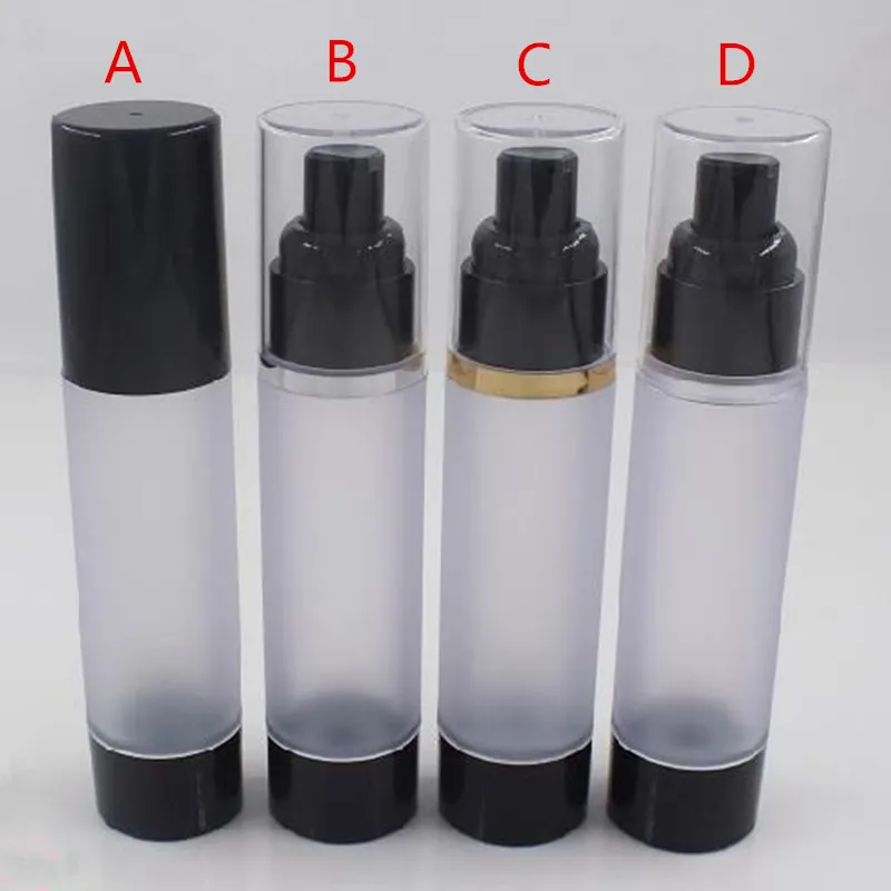 50ml Frosted Travel Refillable Kosmetyczne butelki Airless Butelki Plastikowe Obróbka Palanie Pojemniki z czarnym F1526