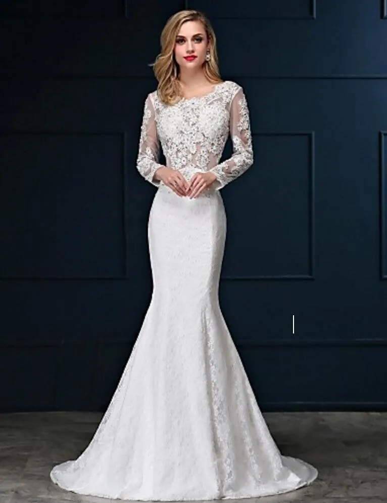 Mermaid Wedding Dresses Long Sleeves Scoop Neck Full Lace SweepTrain White Ivory Bridal Gowns Wedding Gowns Custom Made