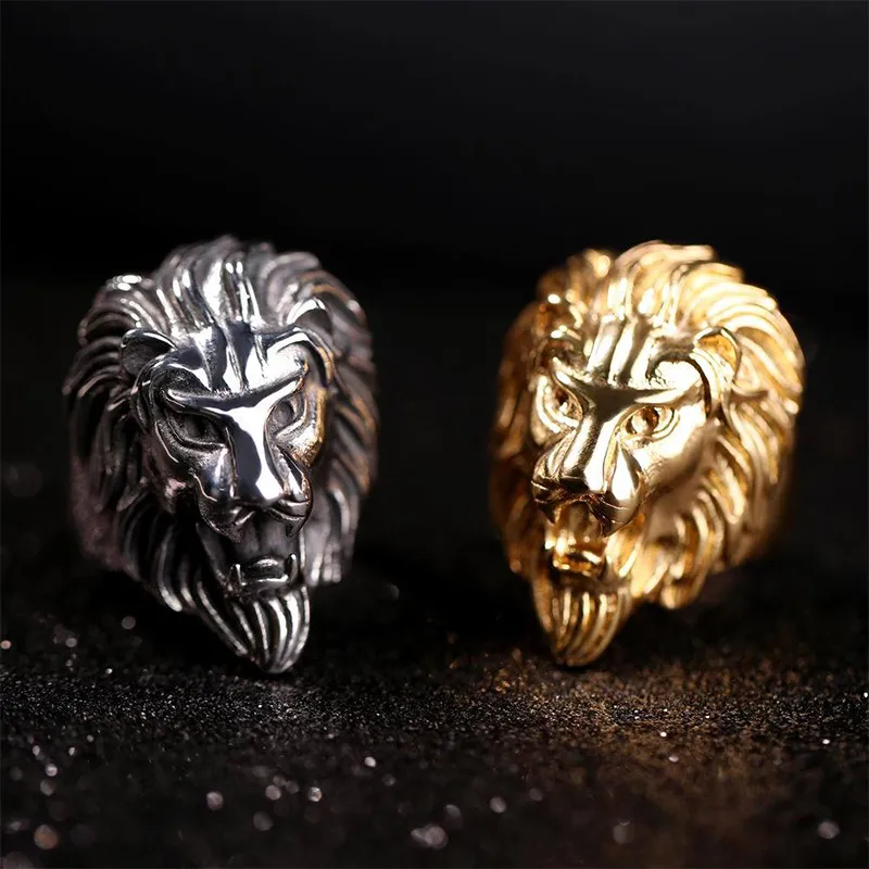 Fashion Lion Band Ring Gold Steel Color Mens Rings pesante Mental Punk Style Biker Gothic Biker Jewelry1822401