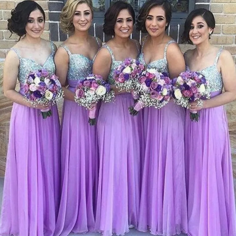 Abiti da damigella d'onore economici viola chiaro Abiti da ballo lunghi in chiffon con paillettes scintillanti Abiti da festa di nozze eleganti a trapezio