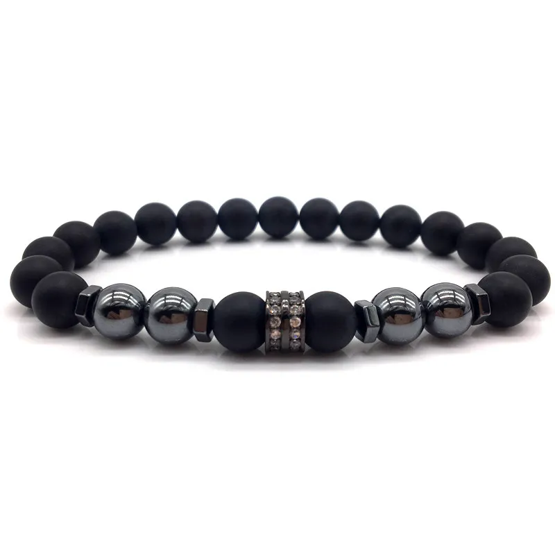 Moda 8mm Matte Stone Beads Homens Charme Braceletes Pave CZ Coluna com Hematite DIY Pulseira para Homens Mulheres Jóias Presente