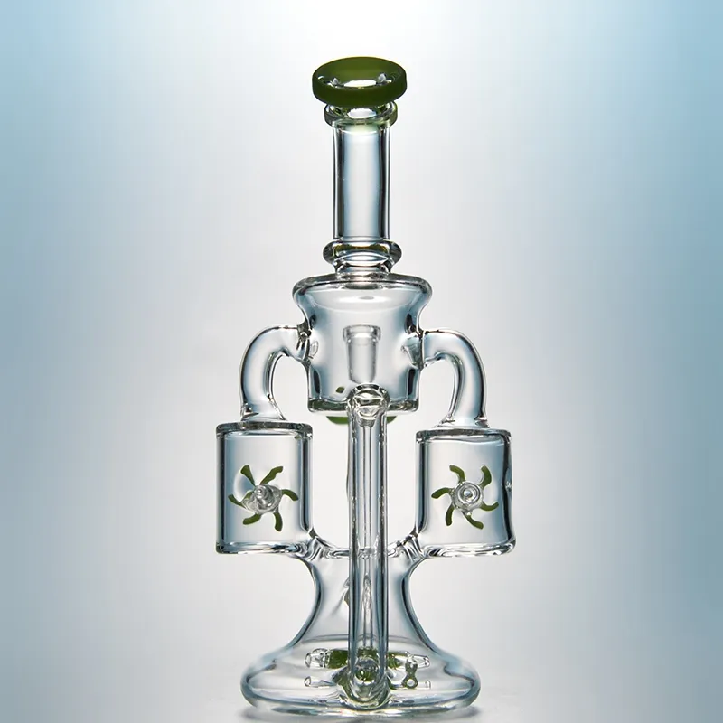 Hot Double Recycler Oil Rigs Dab Rig with Propeller Perc Glass Unique Bongs Water Pipe Windmill Perc with 14mm Glass Bowl XL167