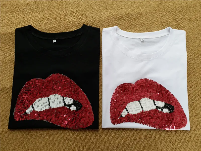 Black White Sequins Red Lips Short Sleeve T Shirt Cotton Summer Tee for Women S XL