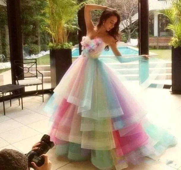 ful Rainbow Prom Dresses A Line Sweetheart Off Shoulder Evening Gowns Lace Up Back Soft Tulle Bridal Dresses From 124 DHgate