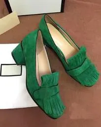 Tassels Round Toe Chunky Heels Woman Shoes Metal buckle Genuine Leather Fashion Women High Heel Shoes Gold Orange Red Green Ladies Pumps