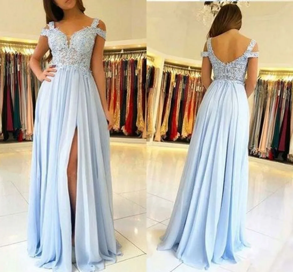 Ljusblå av axeln prom klänningar lång 2019 applique pärlstav sida split chiffong kväll klänning mantel formella klänningar klänning