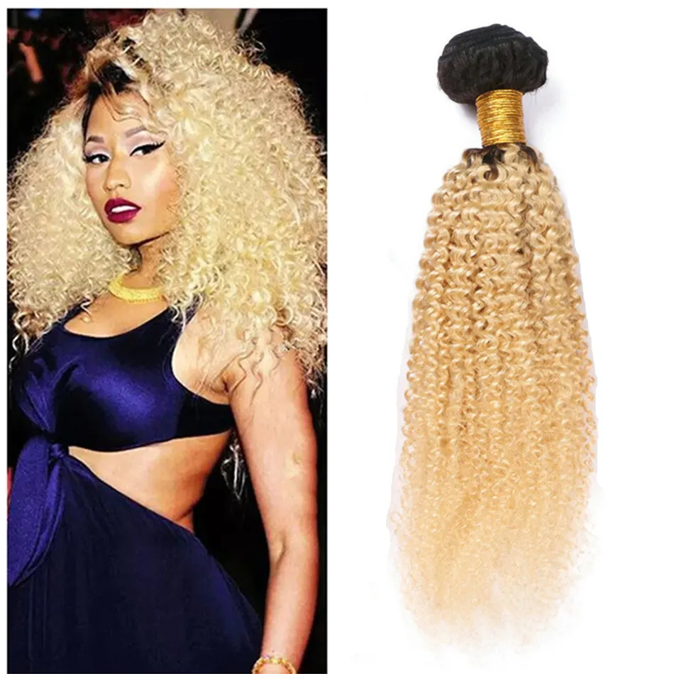 Afro Kinky Blonde Human Hair Bundles 3 Teile/los Brasilianisches Reines Haar Spinnt 1b 613 Blonde Two Tone Verworrene Lockige Dunkle Wurzeln Haar Bundles