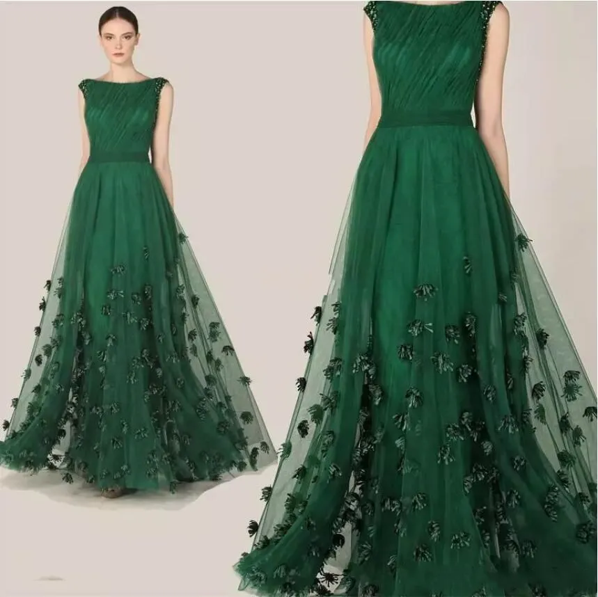 Zuhair Murad 2020 Avondjurken Emerald Green Cap Sleeve Prom Gowns Vrouwen Custom Made Kant Applicaties Speciale Gelegenheid Jurk