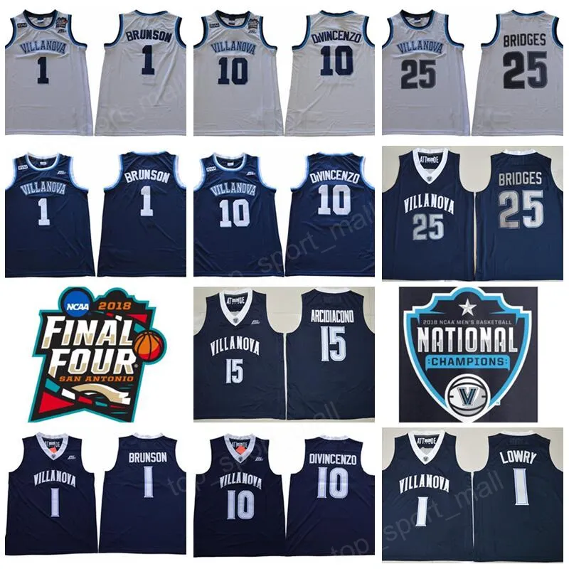 NCAA Basketball Final Four Villanova Wildcats Jersey 1 Jalen Brunson 10 Donte DiVincenzo 25 Mikal Bridges White Navy Champions RVM Patch Men