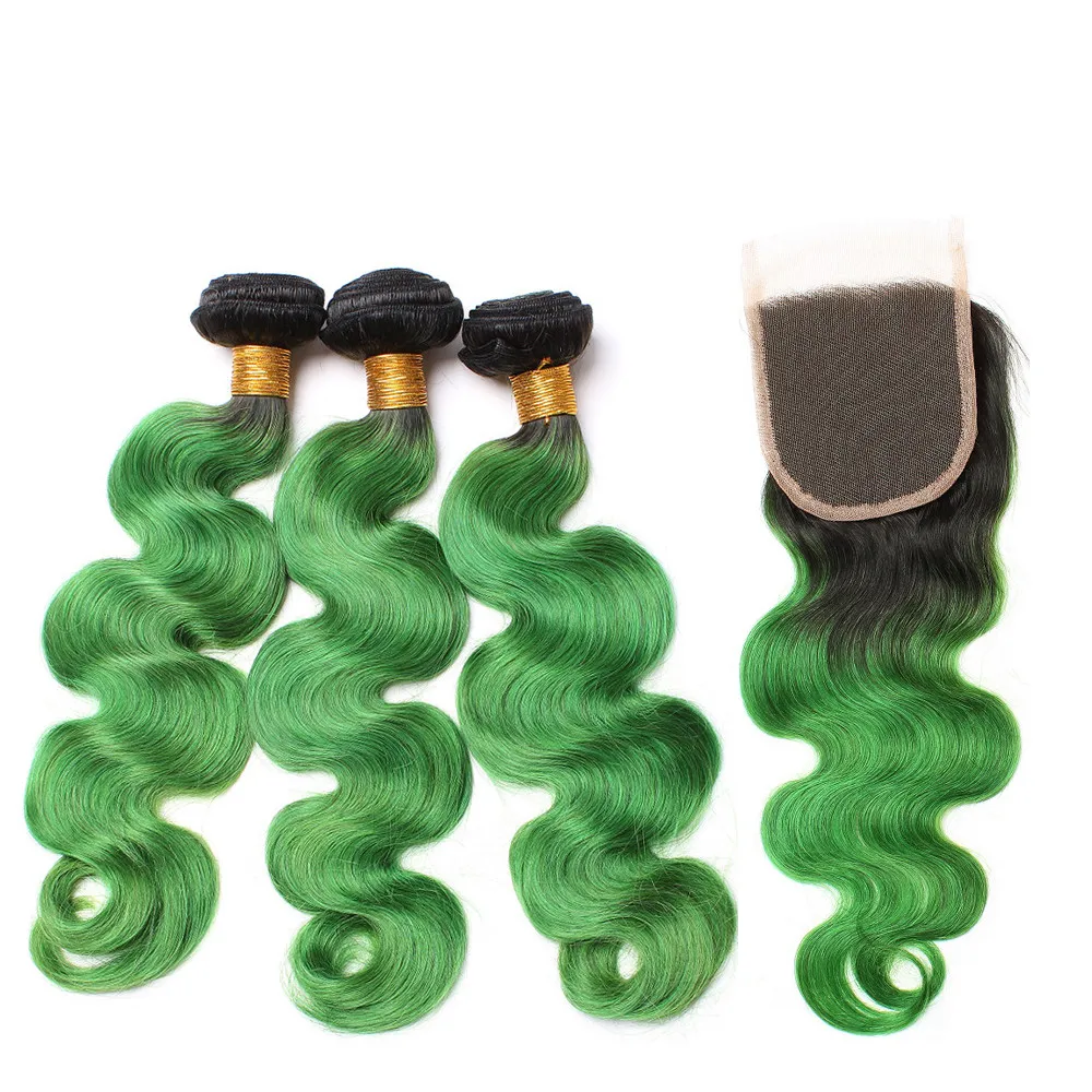 1B / Verde Ombre Malaio Virgem Do Corpo Do Cabelo Humano Onda Tece 3 Pacotes com 4x4 Dois Tons Ombre Verde Fechamento Dianteiro Do Laço Lote