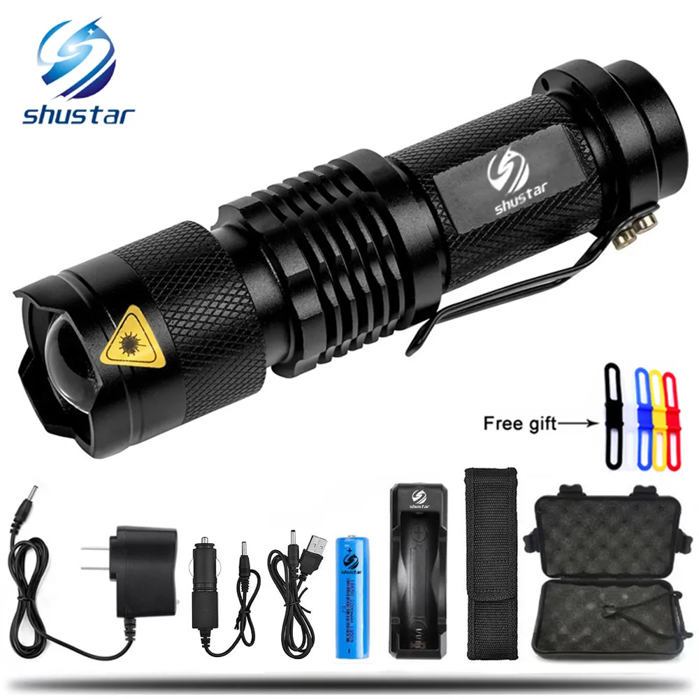 Mini Zoom T6 / L2 ficklampa LED Torch 5 Mode 8000 Lumens Vattentät 18650 Uppladdningsbart batteri Ge gratis gåva