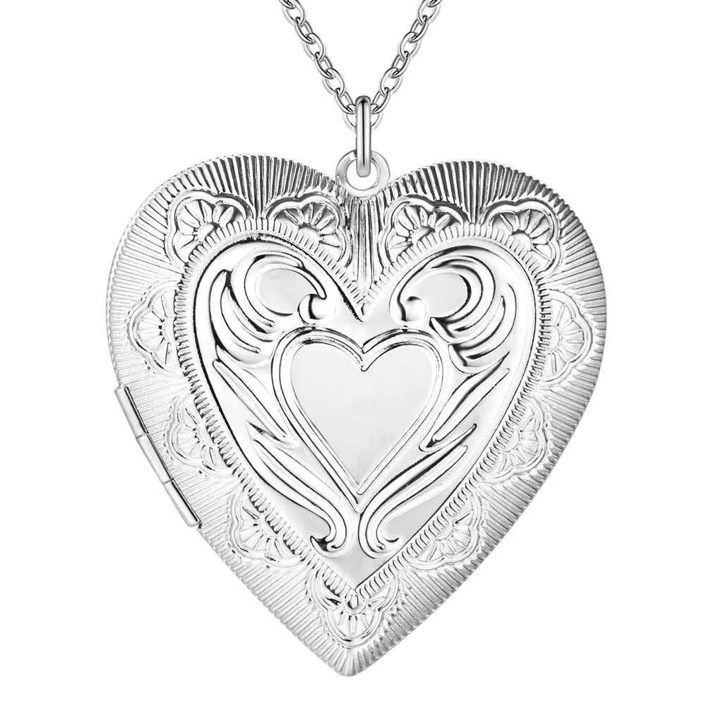 Fabrikspris Partihandel 925 Sterling Silver Plated Heart Pendant Locket Halsband Mode Smycken För Kvinnor Alla hjärtans dag Gratis frakt