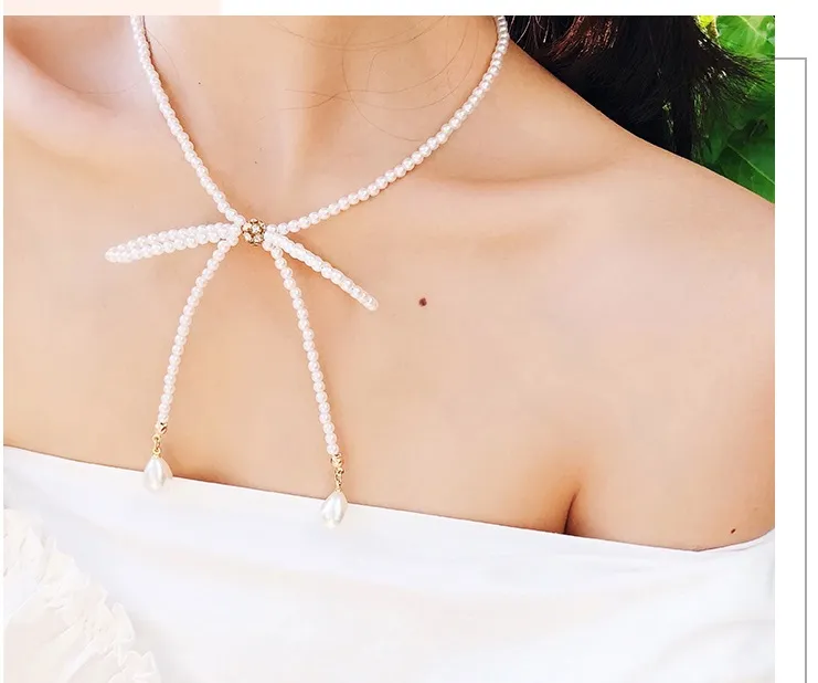 Ms. Europe and the United States wind spring and summer necklace pearl bow vacation wind necklace simple temperament beach necklace party bi