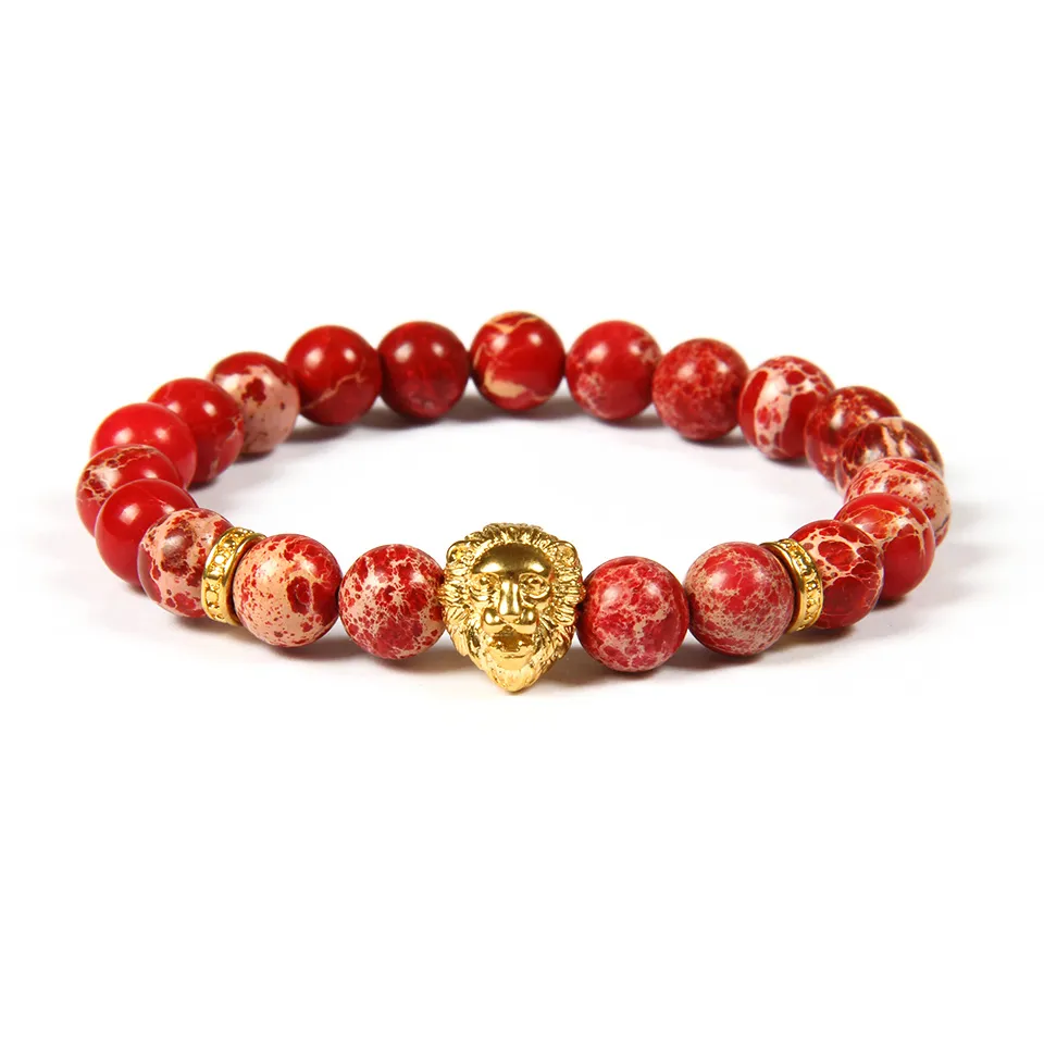 Ny design Rostfritt stål Smycken Partihandel 10st / Parti 8mm Röd Seadiment Imperial Stone med Rostfritt Stål Lion Head Beaded Armband