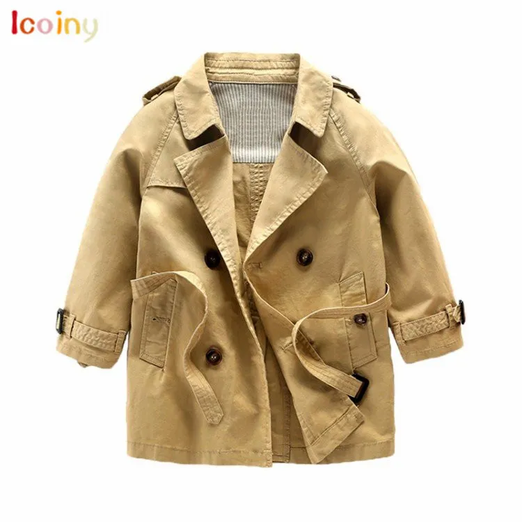 Icoiny Fashion Kids Trench Пальто для мальчиков Длинные шаблон Случайные мальчики Belled Trench Paird Должнение Осенняя Весенняя Куртка Верхняя одежда