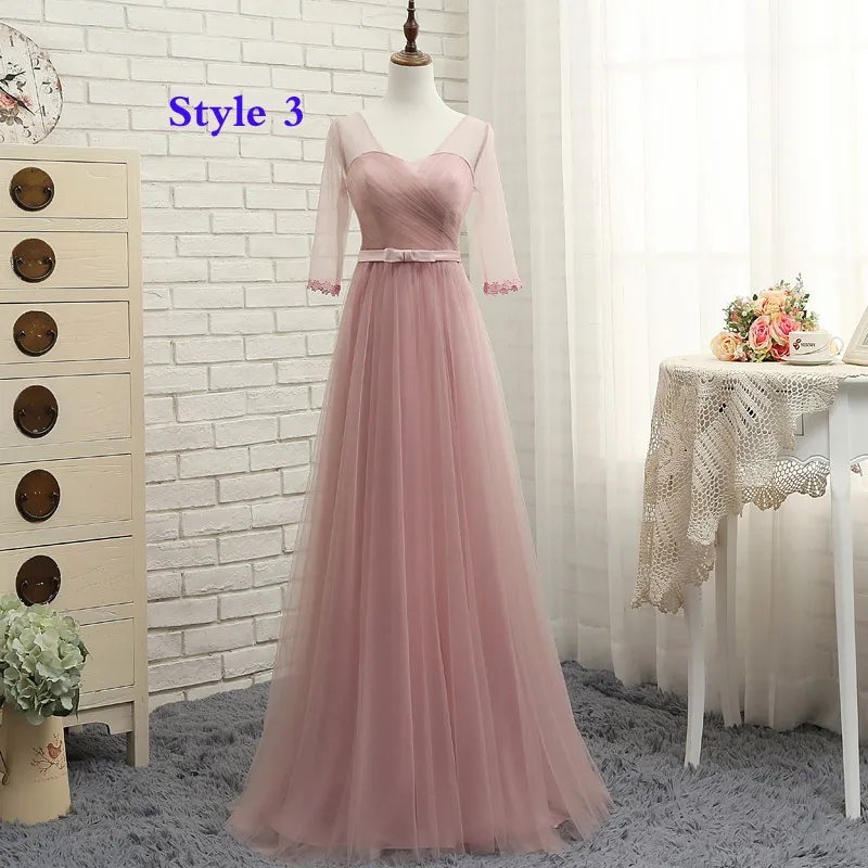 Skräddarsydda Dammiga Rosa Billiga Brudtärna Klänningar Lång Enkel Tulle Maide of Honor Dress With Sleeves China Online Wedding Guest Gowns 2020