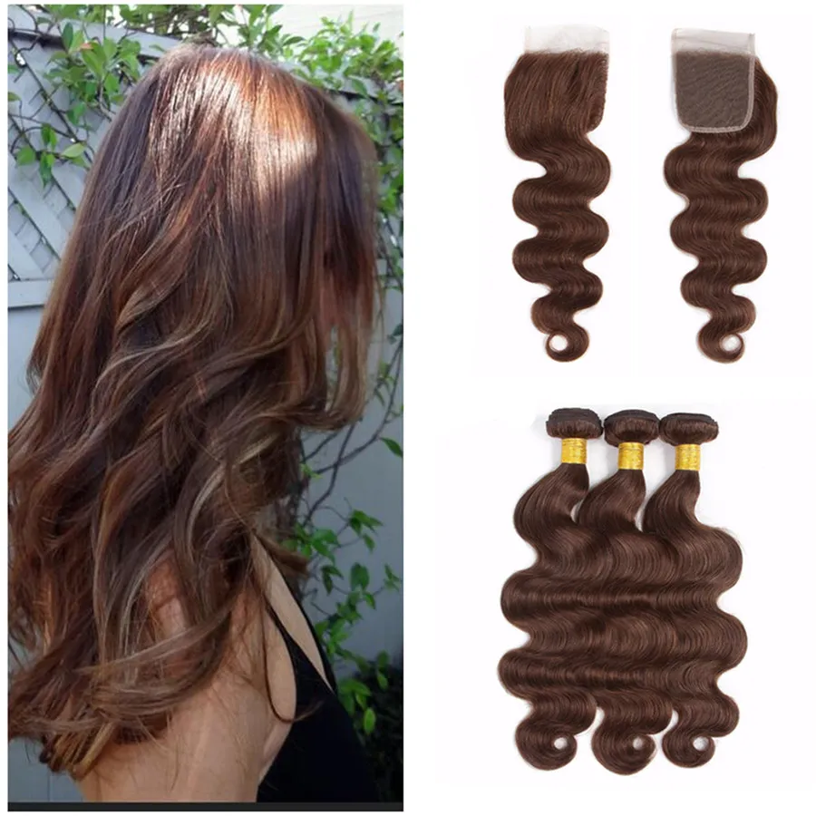 Médio Cabelo Humano Marrom Tece Com Fechamento de Rendas Onda Do Corpo de Chocolate Brown Extensão Do Cabelo Com Fecho de Renda 4x4 Parte Livre