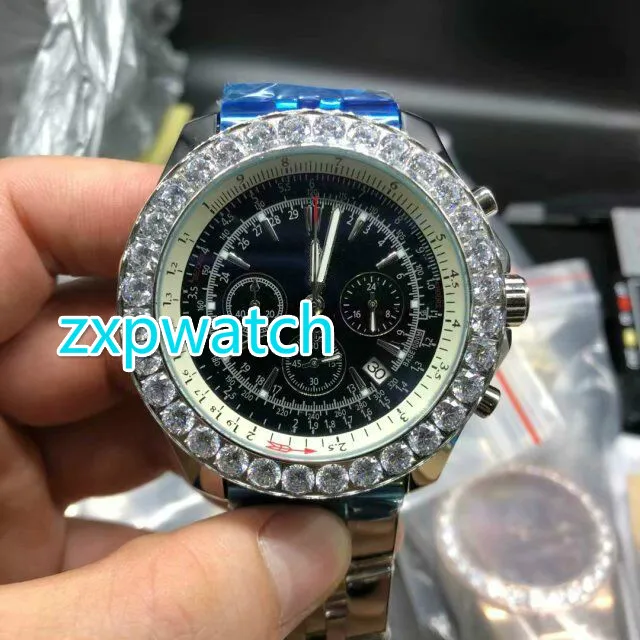 Diamanter Bezel Luxury Quartz Watch High Quality Rostless Steel Case and Watchband White Black Dial Full Works Chronography Men WA243P