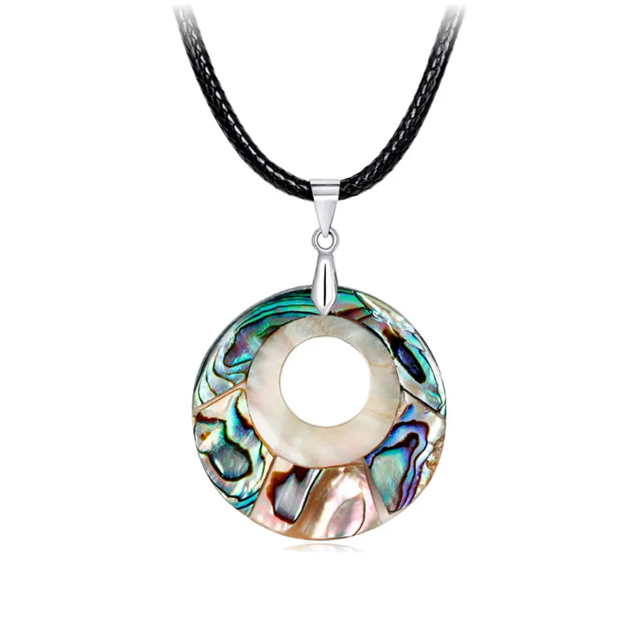 Klassisk färgstark naturlig abalone skal cirkel hängsmycke halsband för kvinnor kvinna enkelt choker läder rep kedja halsband mode smycken