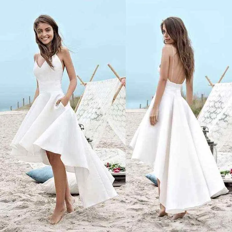 High Low Short Beach Brautkleider 2019 A-Linie Vestido De Noiva Günstige Merry Sexy Straps V-Ausschnitt Einfache günstige Sommer-Brautkleider