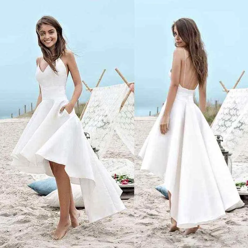 Alta Baixa Praia Curta Vestidos de Casamento 2019 Uma Linha Vestido De Noiva Barato Feliz Sexy Correias V Neck Simples Barato Verão Vestidos de Noiva