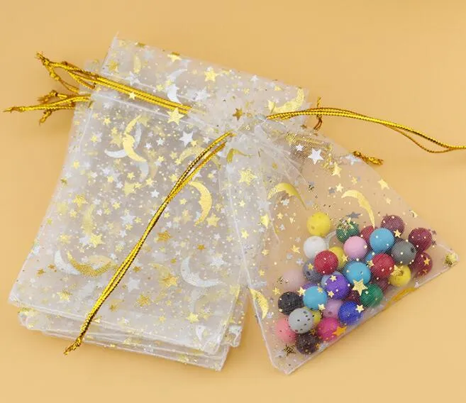 sacs de fil bronzant cadeau bijoux sacs étoiles lune boucles d'oreilles Bracelet sac de rangement sacs de gaze colorée 9 * 12 CM