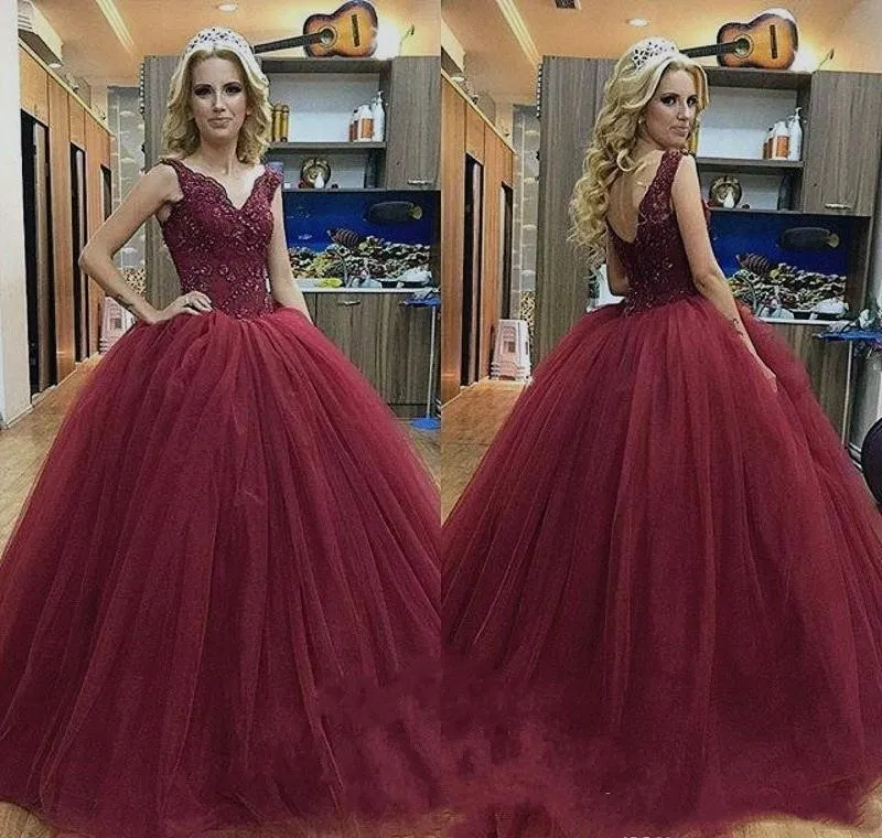 Burgundy Ball Gown Prom Dresses 2024 Lace Pageant Gowns for Sweet 16 Quinceanera Graduation