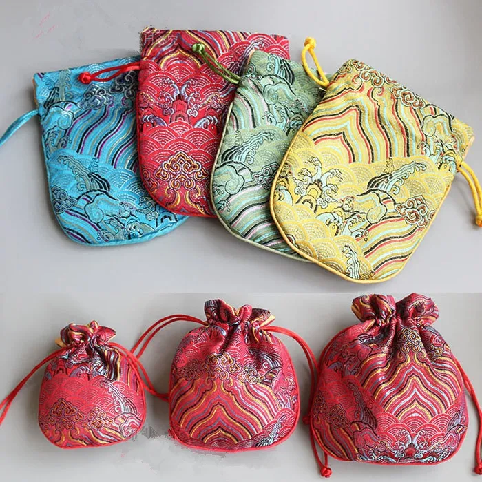 Seawater Small Drawstring Pouches Chinese Silk Brocade Jewelry Pouch Gift Bag Handmade Cloth Bags with Lining 10.5x12.5cm 