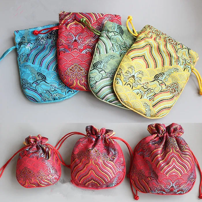 Wave Small Drawstring Chinese Silk Pouches Gift Bags Reusable Brocade Jewelry Packaging Bags with Lining 10.5x12.5cm 50pcs/lot