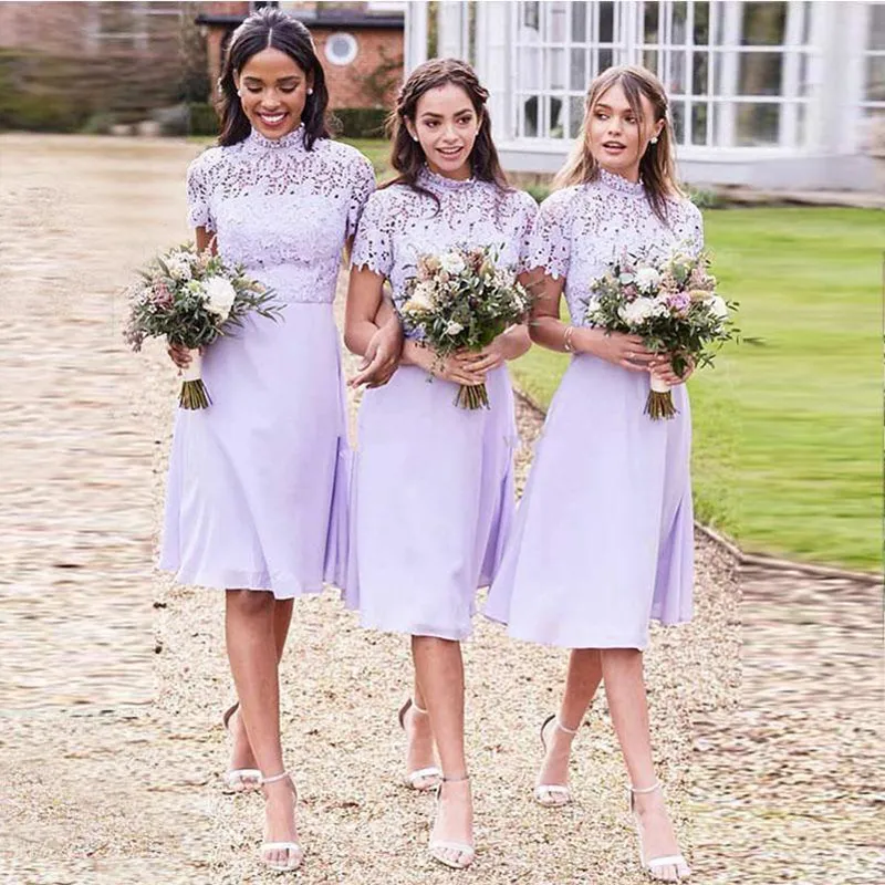 2018 Lavender Short Bridesmaid Dresses High Neck Short Sleeves Lace Party Gowns Back Zipper Knee-Length Custom Made Simple Formal Party Gown